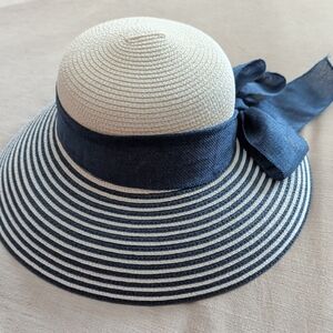 Wide-Brim Straw Sun Hat with Navy Ribbon